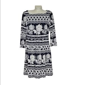 Trulli Navy and White Floral Applique Midi Dress Long Sleeve